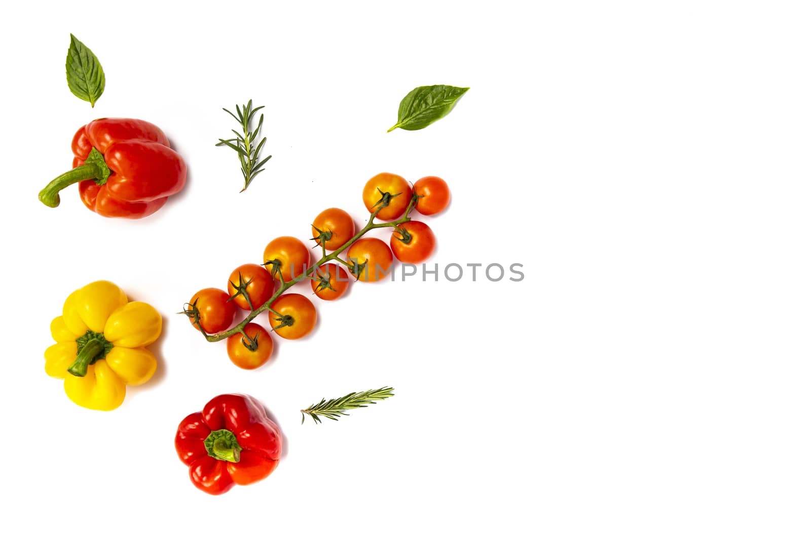 Colorful fresh summer fruits and vegetable on white background. Flat lay. Food concept.