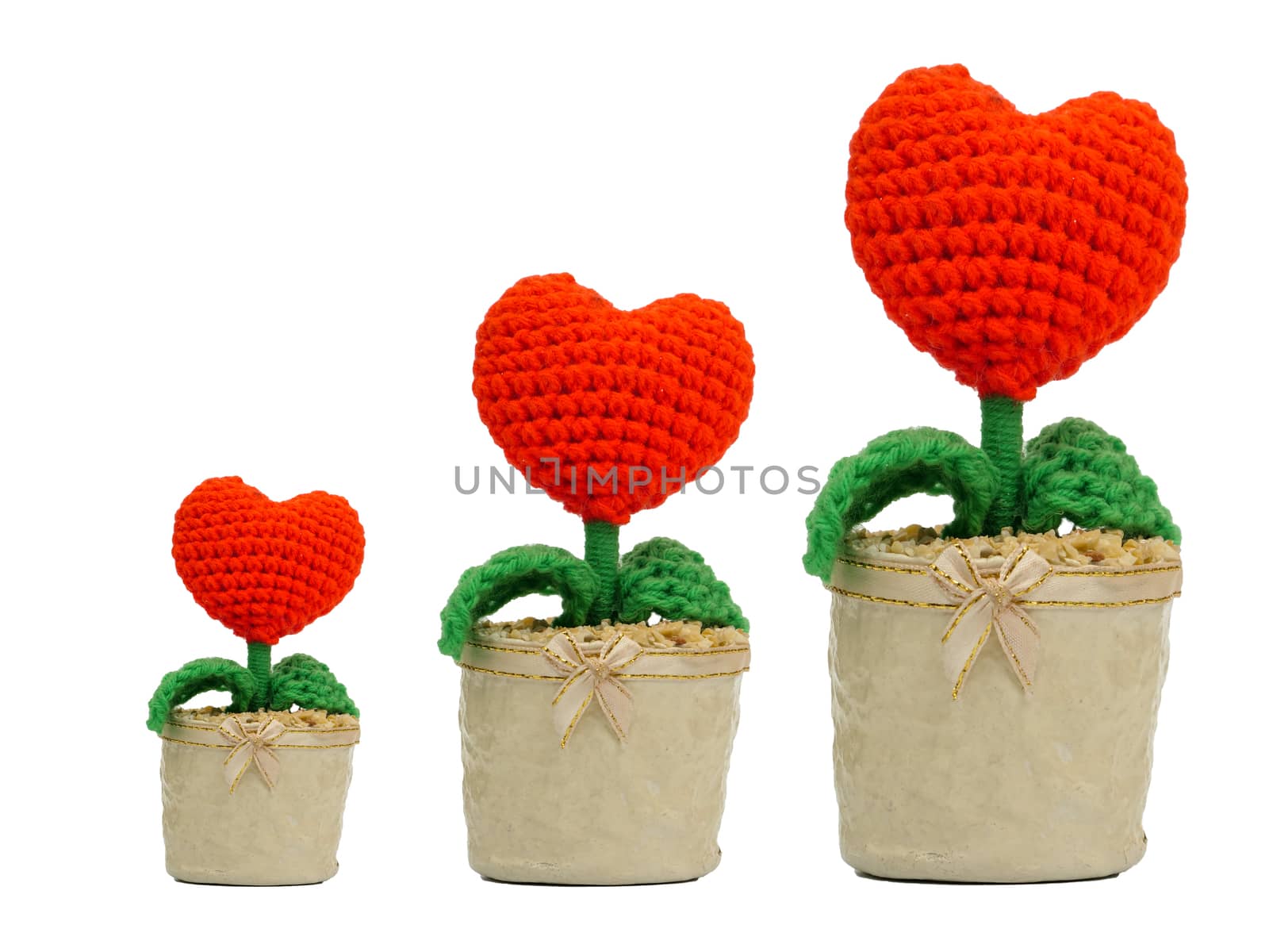 three plants made of wool with heart shape flowers in paper pots, isolated on white background