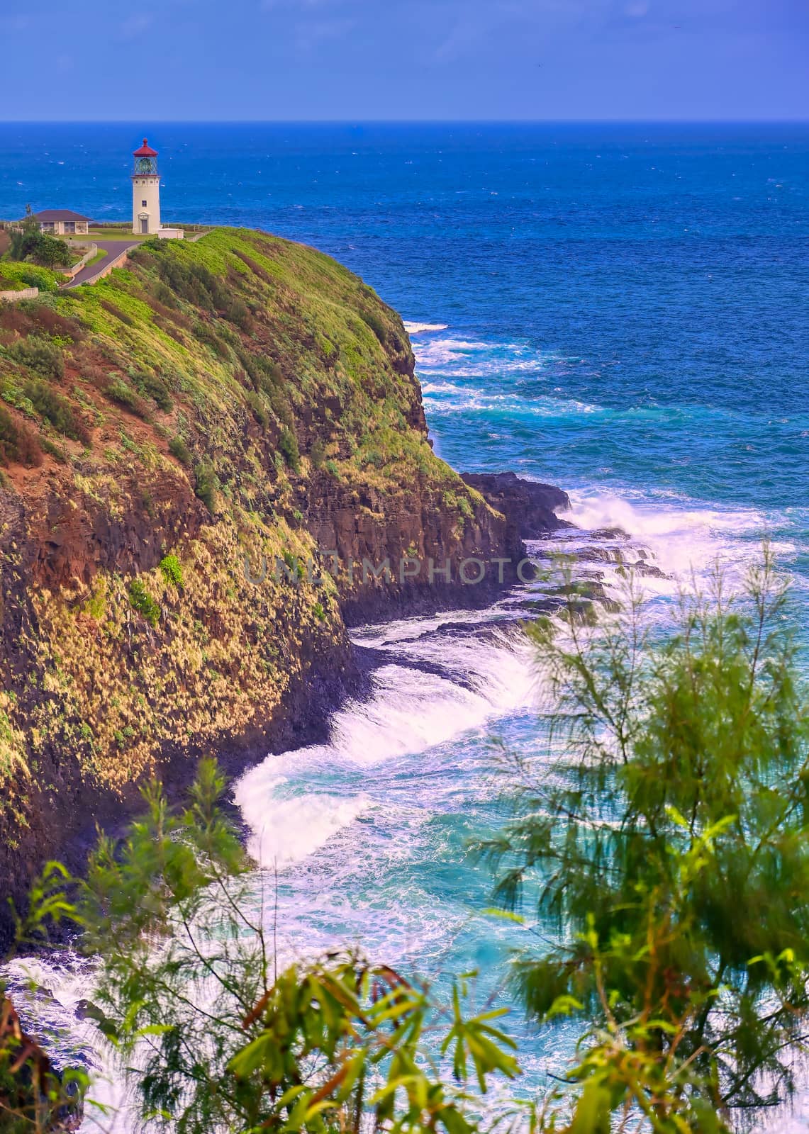 The Kilauea Lighthouse on the coast of Kauai, Hawaii.