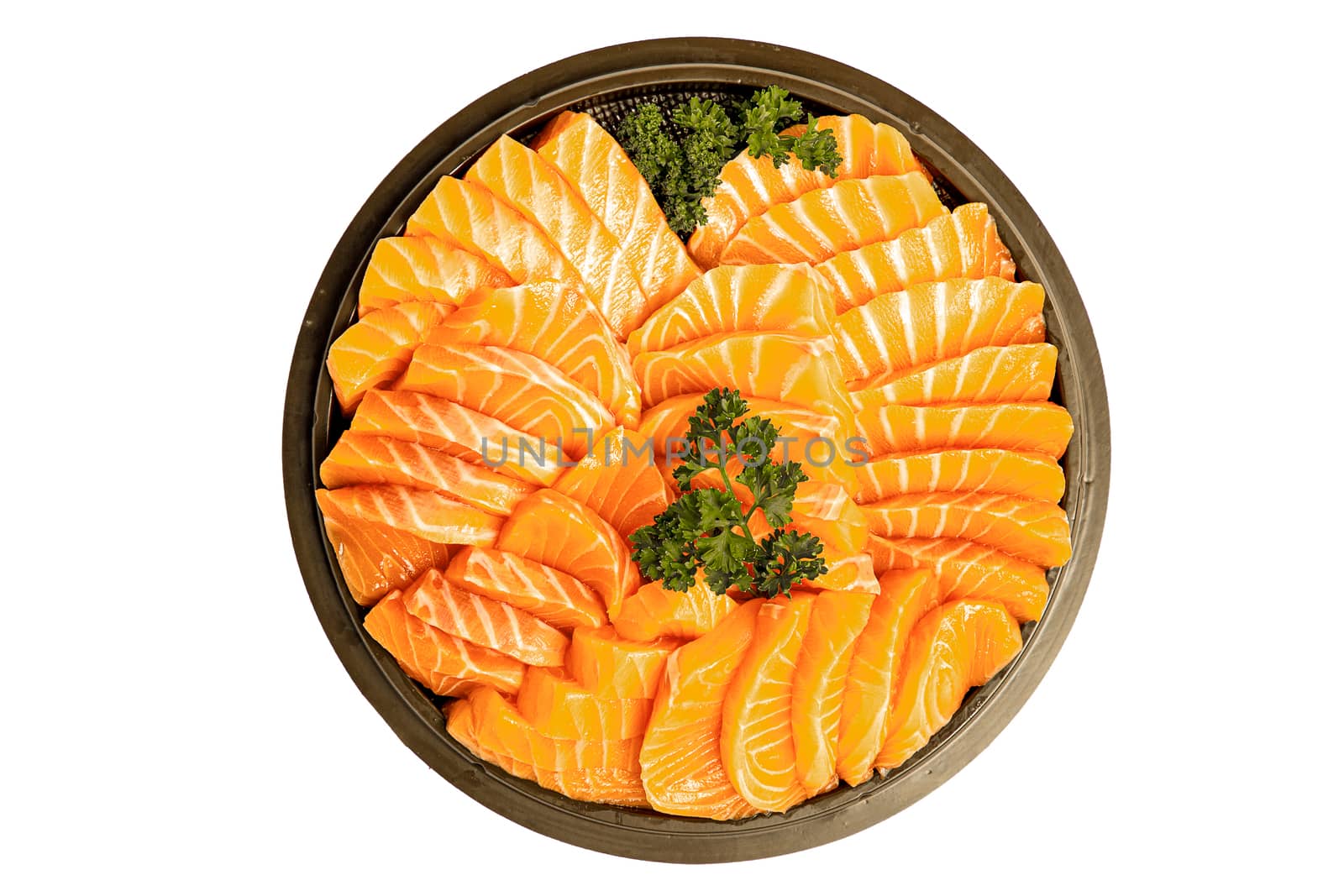 A plate of of raw salmon sashimi, isolated on white background