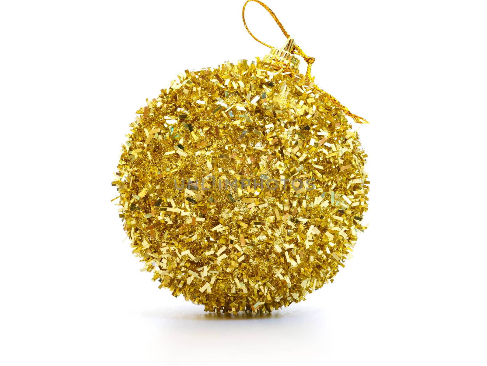 a beautiful gold christmas ball, covered with hundreds of tiny reflecting materials, high definition and full depth of field, isolated on white background
