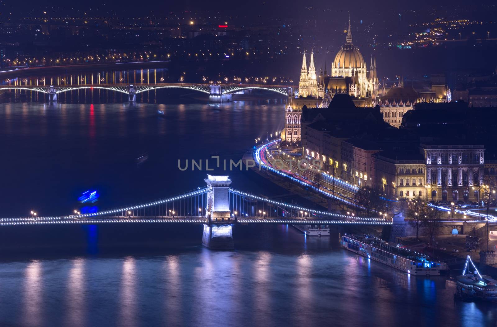 Night view of Budapest, building of The Hungarian Parliament and Chain Bridge, main landmarks in the city