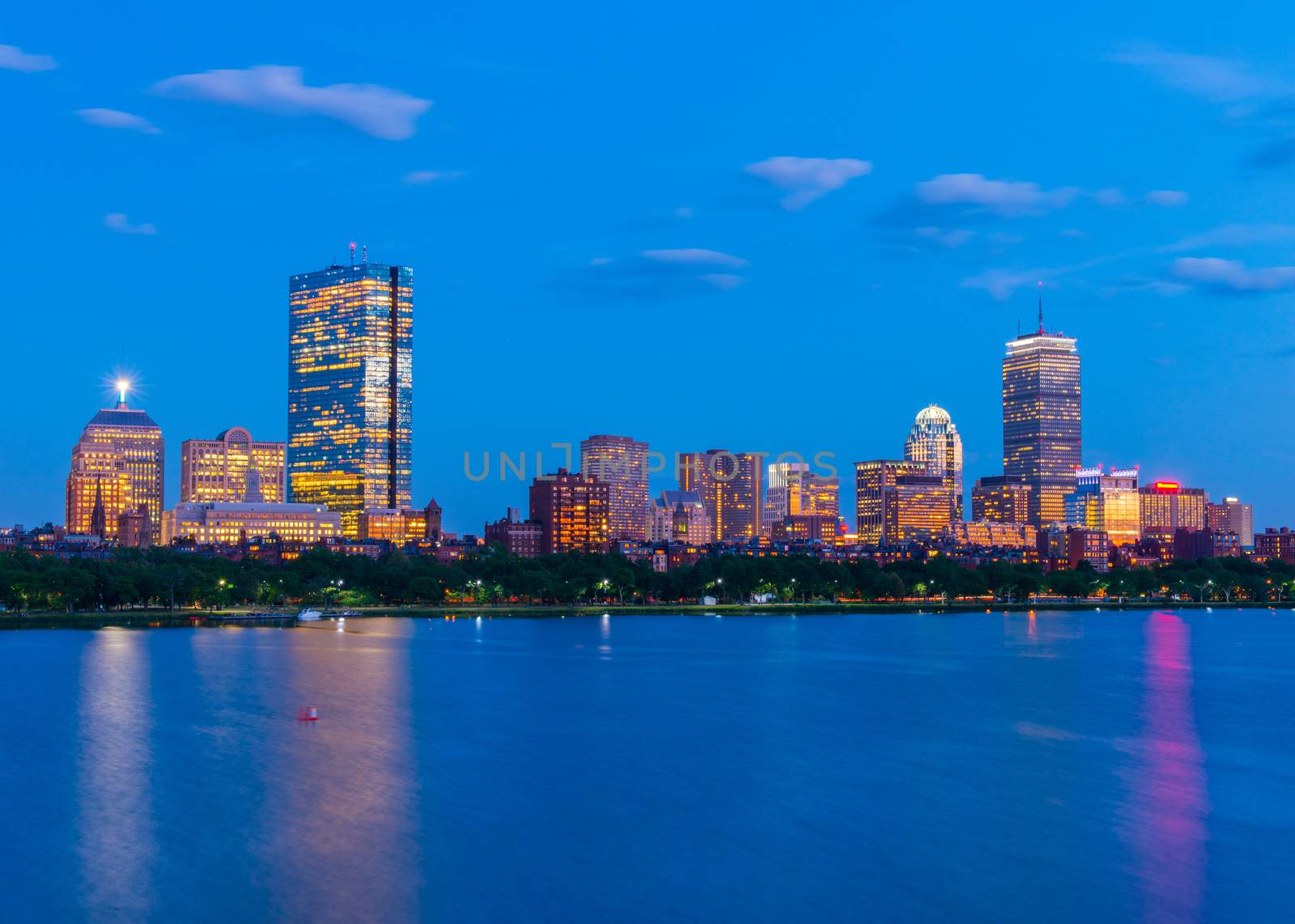 Boston skyline at the evening. Skyscrapers and office buildings in Back Bay. Massachusetts, USA