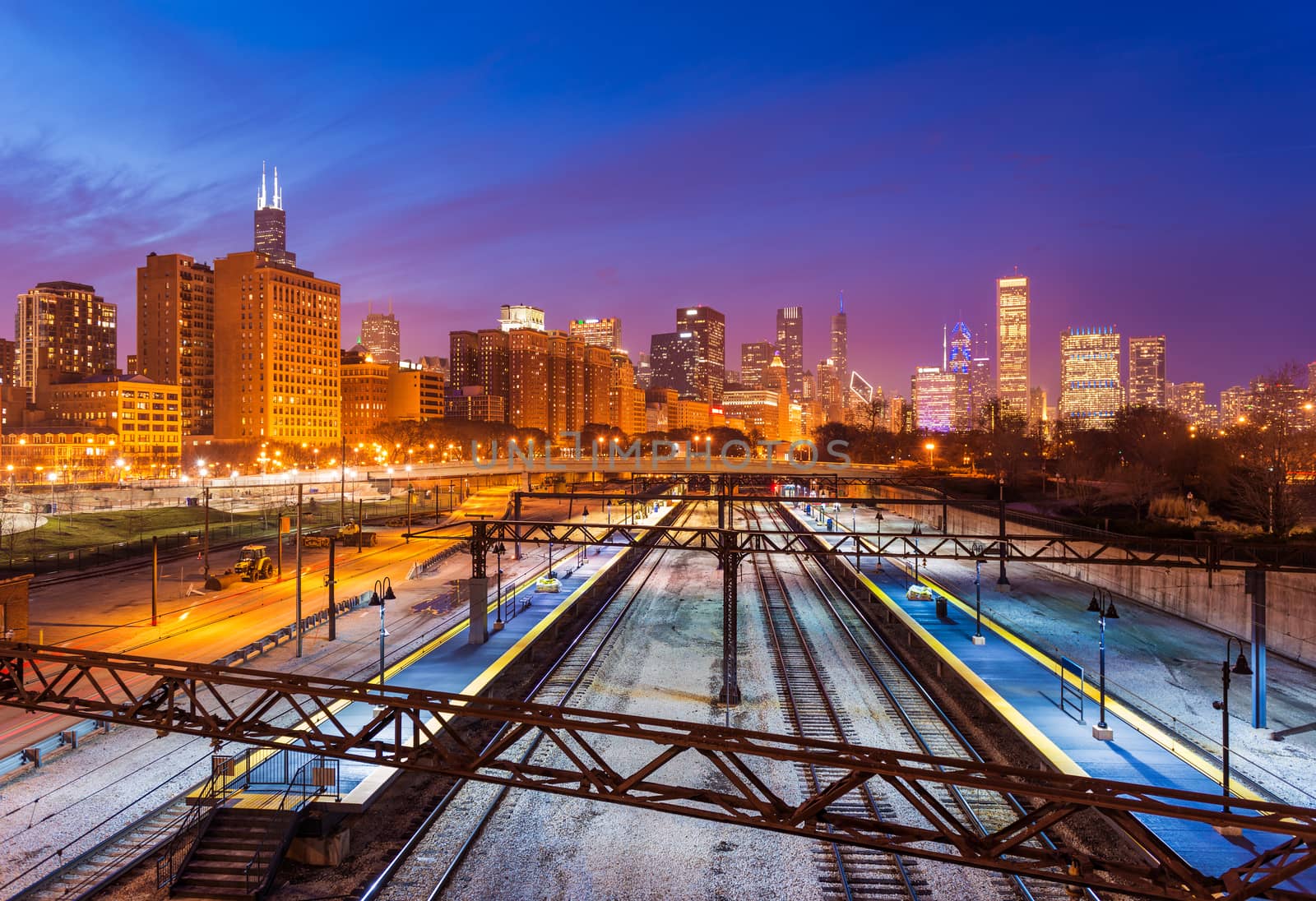 Chicago skyline at the evening. View from the Museum Campus/11th Street station. Focus on the central part of the image