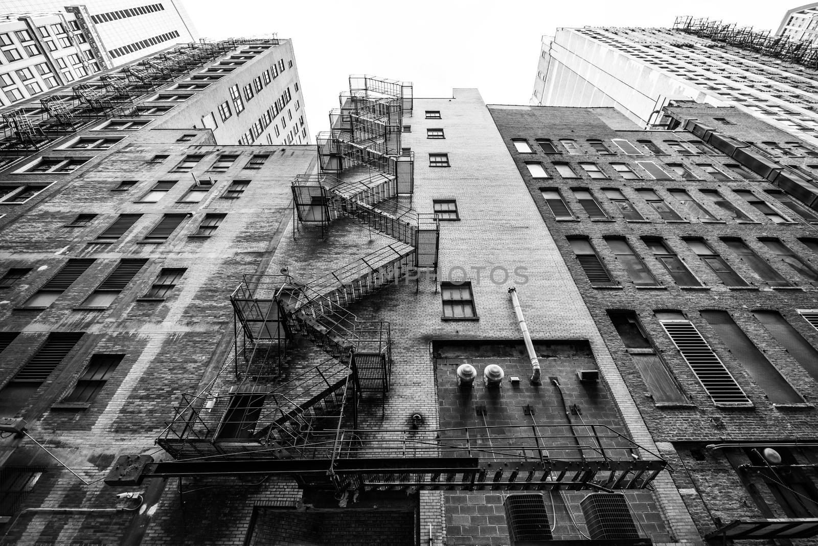 Chicago skyscrapers in wide angle perspective, black and white photo. Illinois, USA