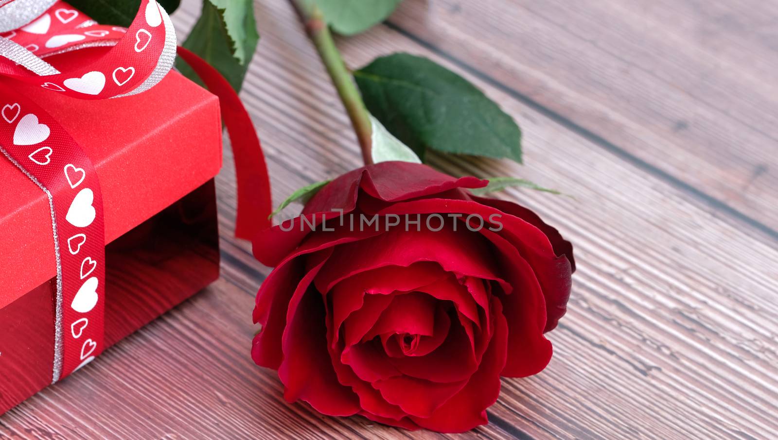 Blooming beautiful red rose and red present box with red and white heart pattern ribbons on brown wooden background. Love, romance, Valentine's Day.