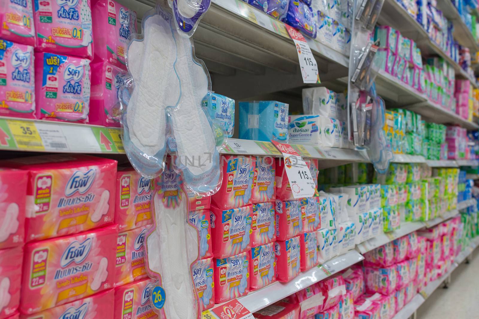 Bangkok, Thailand - May 20, 2016 : Many types of sanitary napkin for menstruation in supermarket.