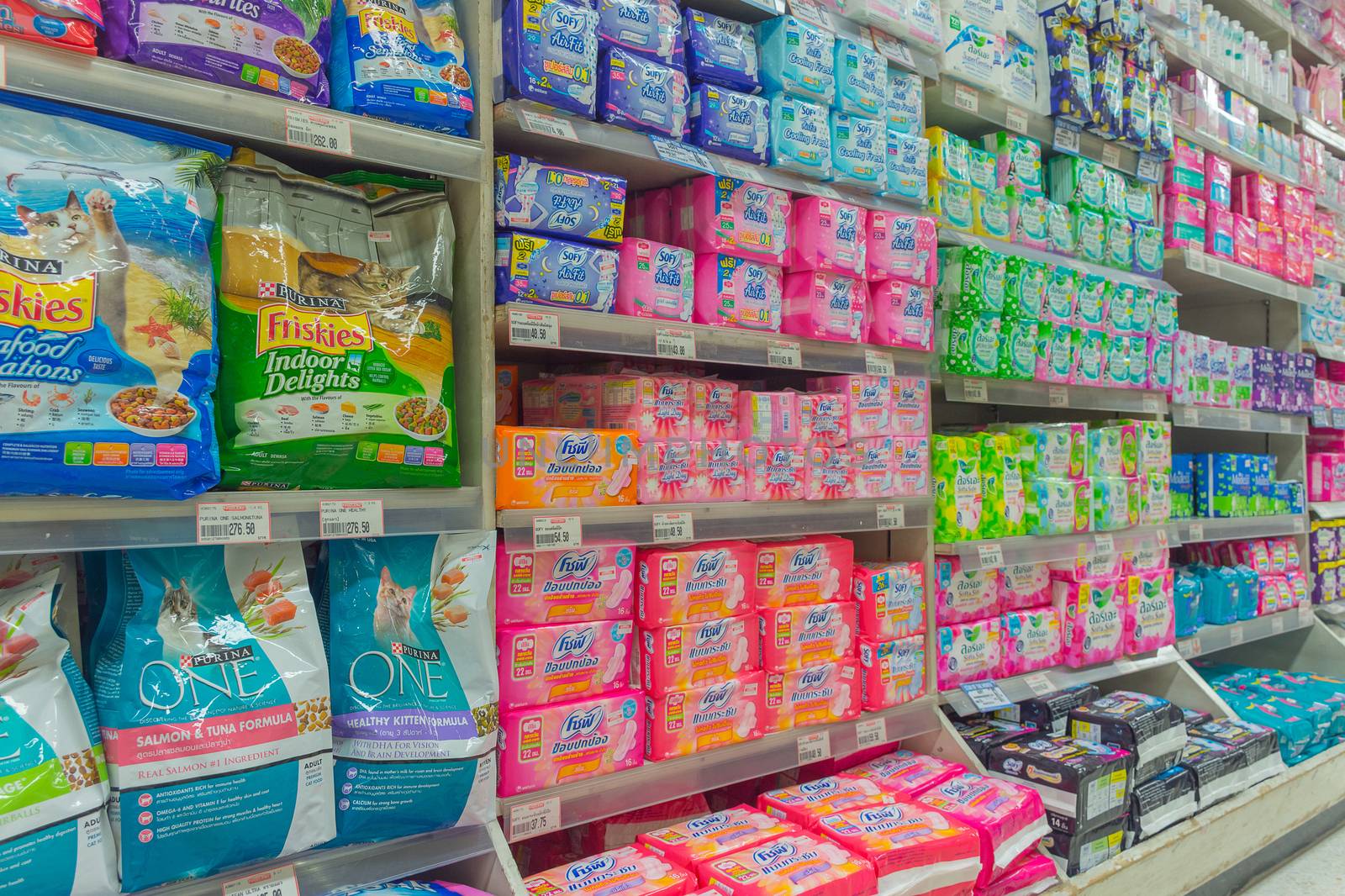 Bangkok, Thailand - June 20, 2016 : Many types of sanitary napkin for menstruation in supermarket.