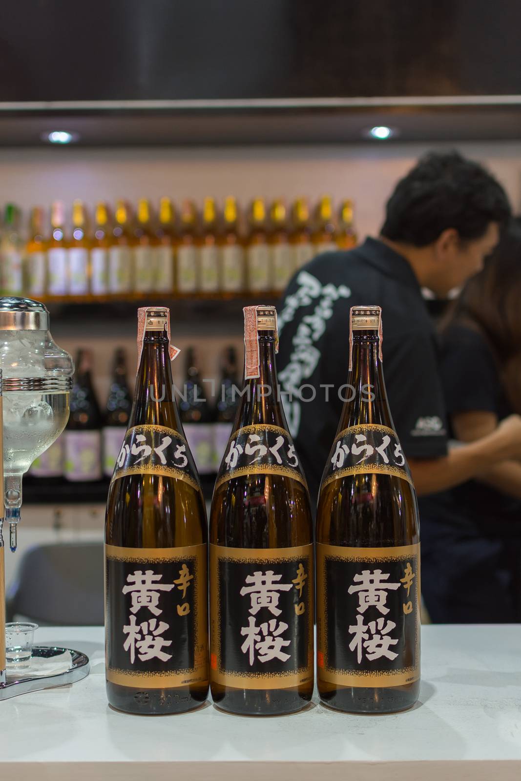 Bangkok, Thailand - May 28, 2016 : Bottles of japan liquor at the bar. Japan liquor is a type of distilled alcoholic beverage made from fermented grain mash.