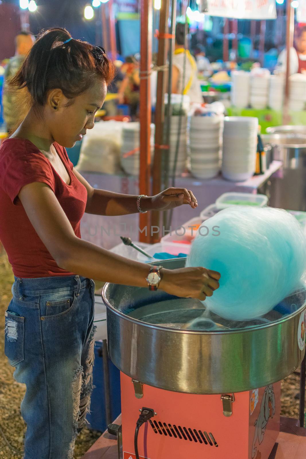 Bangkok, Thailand - January 9, 2016 : Thai street food with cotton candy in market.