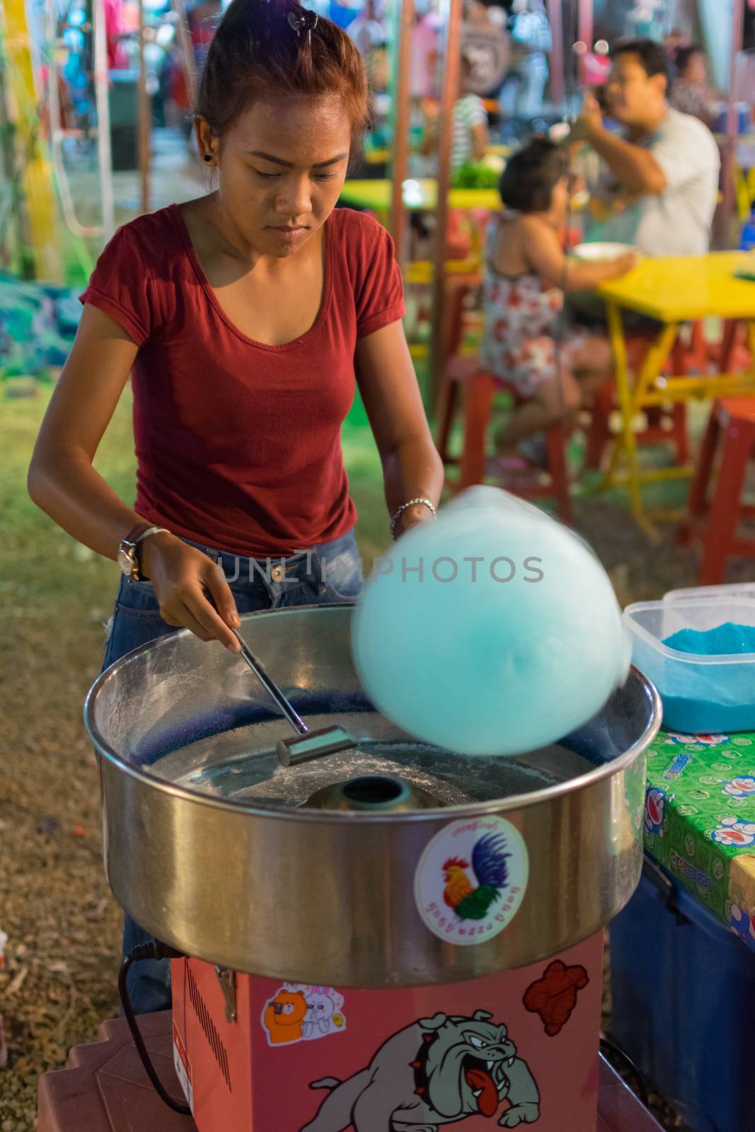 Bangkok, Thailand - January 9, 2016 : Thai street food with cotton candy in market.