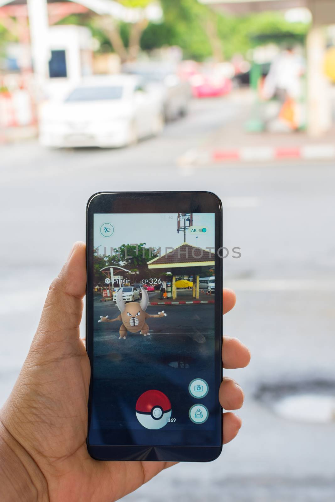 Bangkok, Thailand - August 11, 2016 : Pokemon Go application game on android mobile smartphone. Launched in Thailand on August 6, 2016 is very popular. But the problem of road accidents.