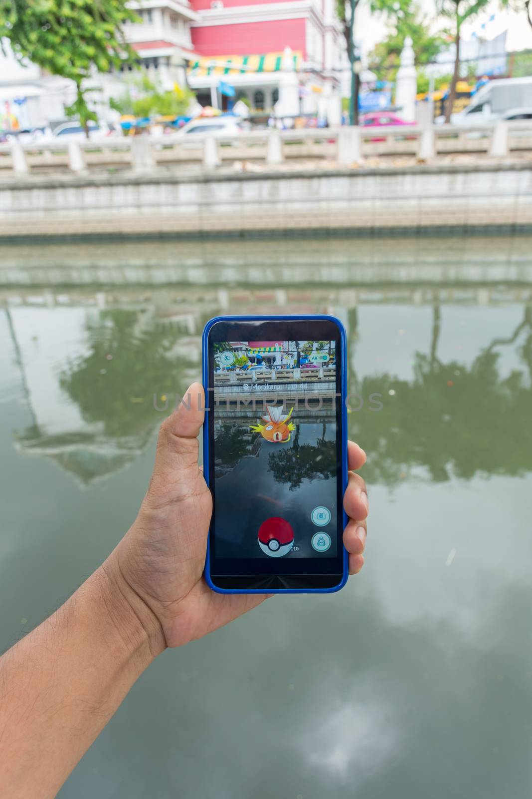 Bangkok, Thailand - August 11, 2016 : Pokemon Go application game on android mobile smartphone. Launched in Thailand on August 6, 2016 is very popular. But the problem of road accidents.