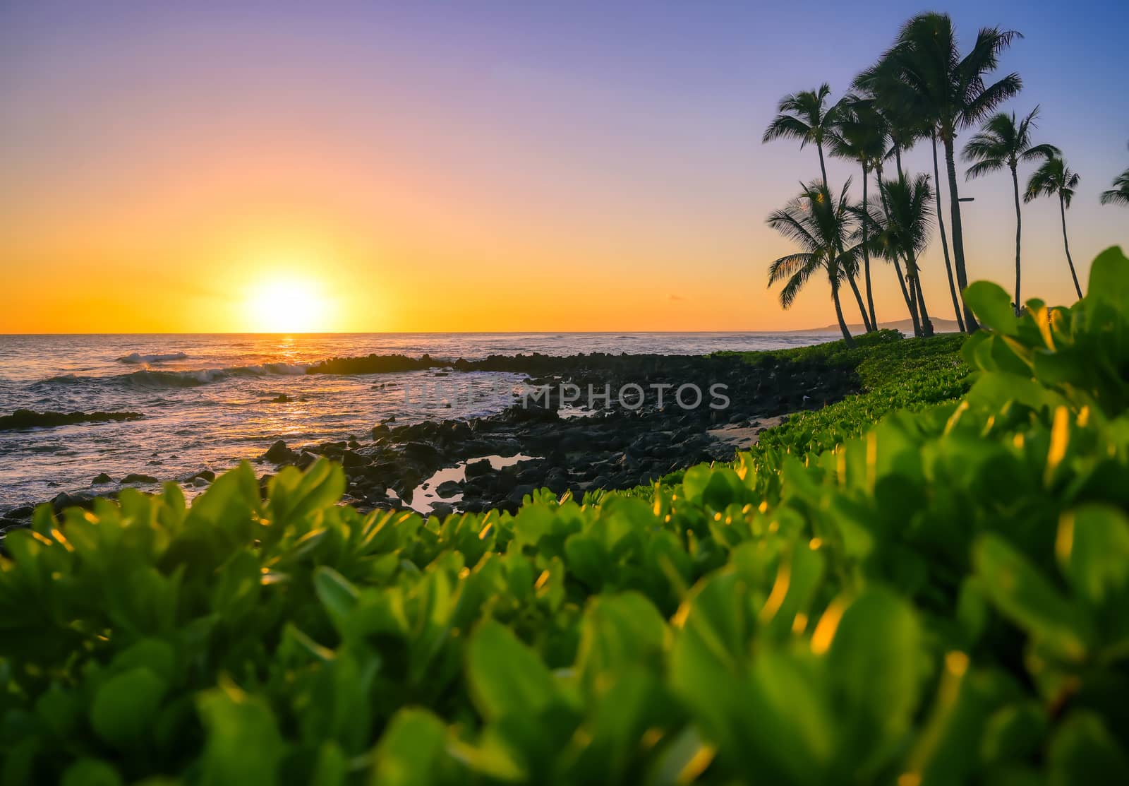 Sunset over the coast of Kauai, Hawaii.