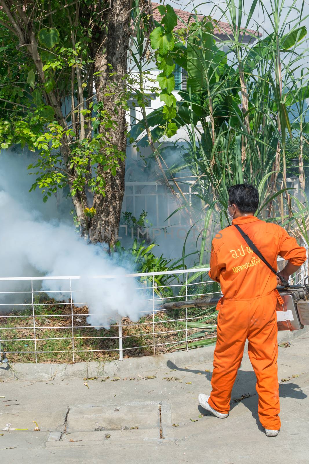 Bangkok, Thailand - January 31, 2016 : Unidentified people fogging DDT spray kill mosquito for control Malaria, Encephalitis, Dengue and Zika in village at Bangkok Thailand.