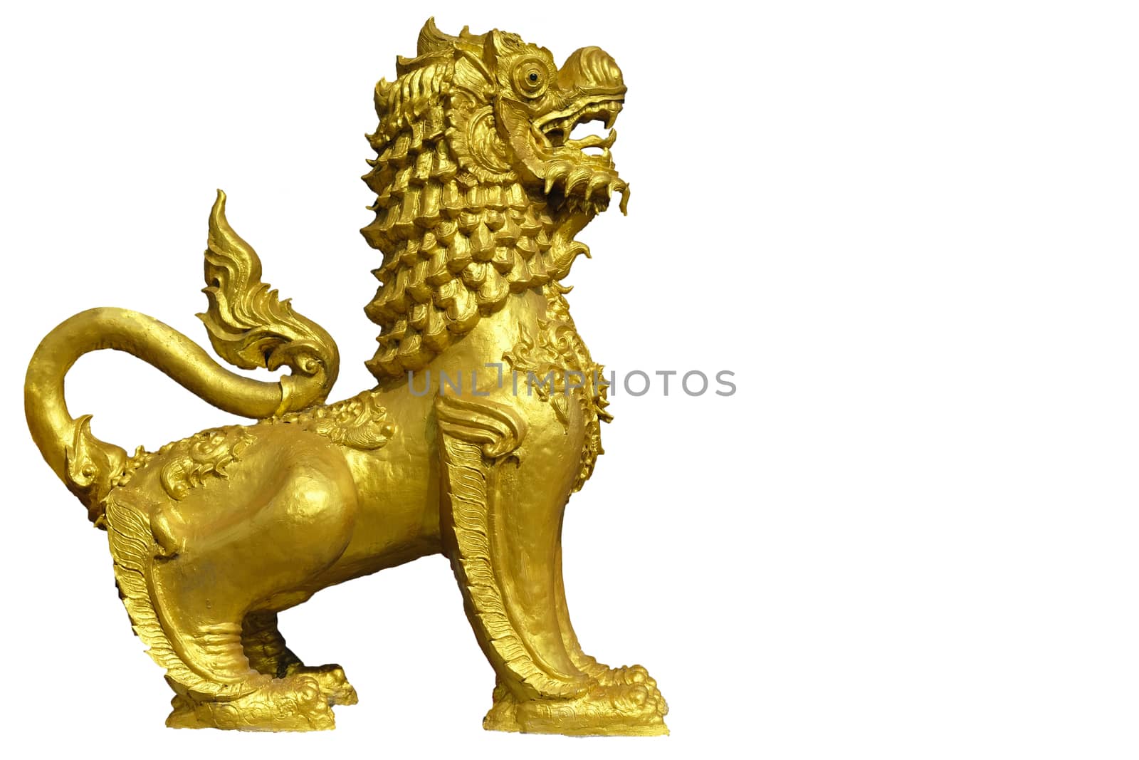 A lion temple protector. This sculpture made of bricks and lime and painted in white or gold is generally seen in front of the temple throughout the north of Thailand, isolated on white background