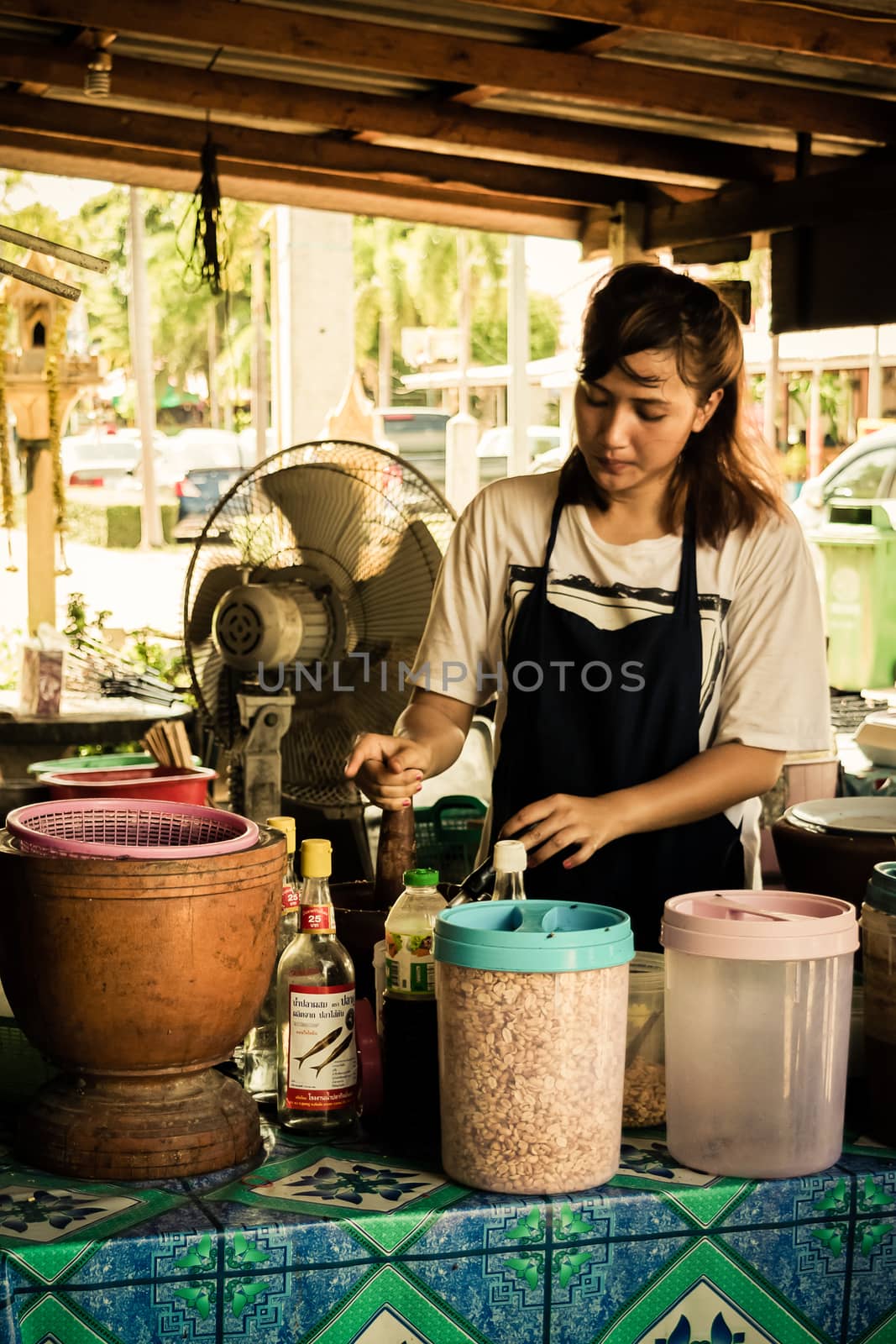 Rayong, Thailand - May 31, 2015 : Thai exotic food in street food market with papaya salad (papaya pok pok). Like the charming people, exotic foods greets you on almost every corner in Thailand.
