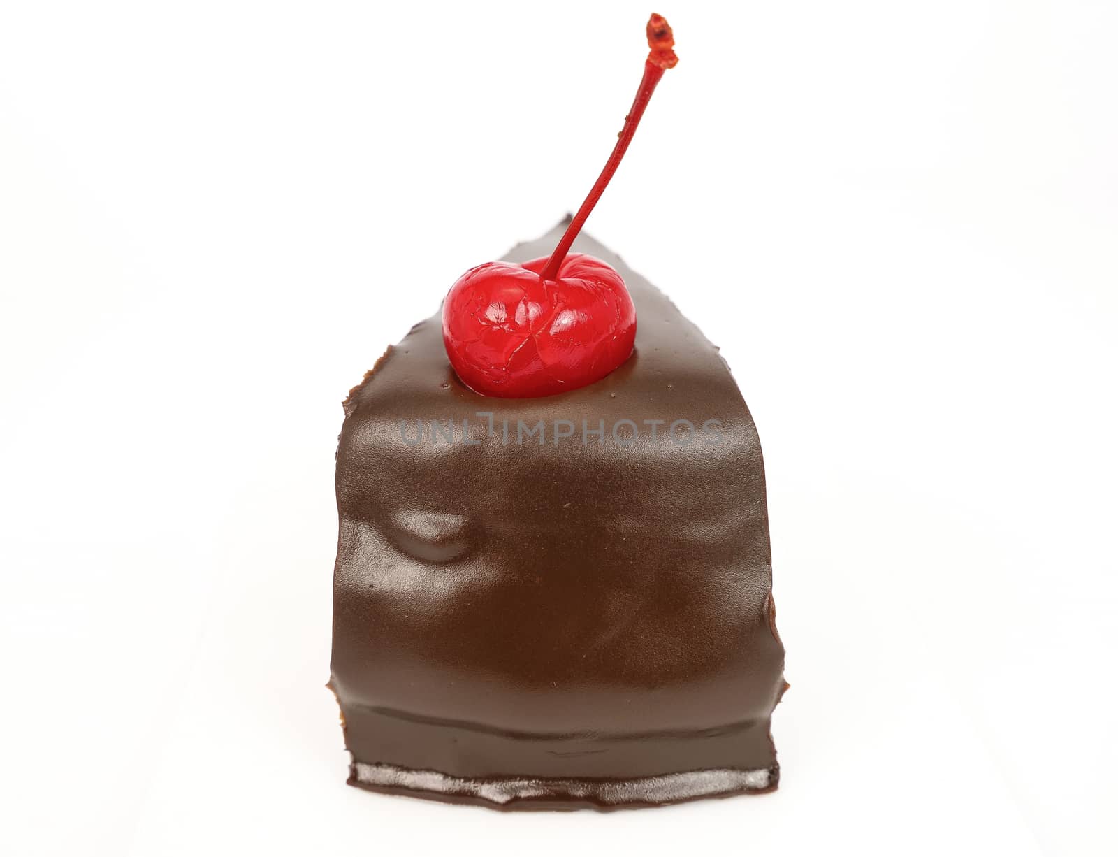 back view shot of a slice of chocolate cake with cherries and cream filling and chocolate fudge ( black forest cake) , isolated on white background