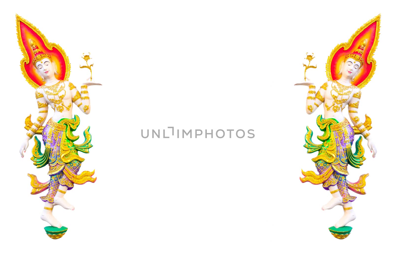 Beautiful painted stucco of 2 angles, classical Thai style, on white background. Thai temples are often decorated with stucco arts with religious motifs.