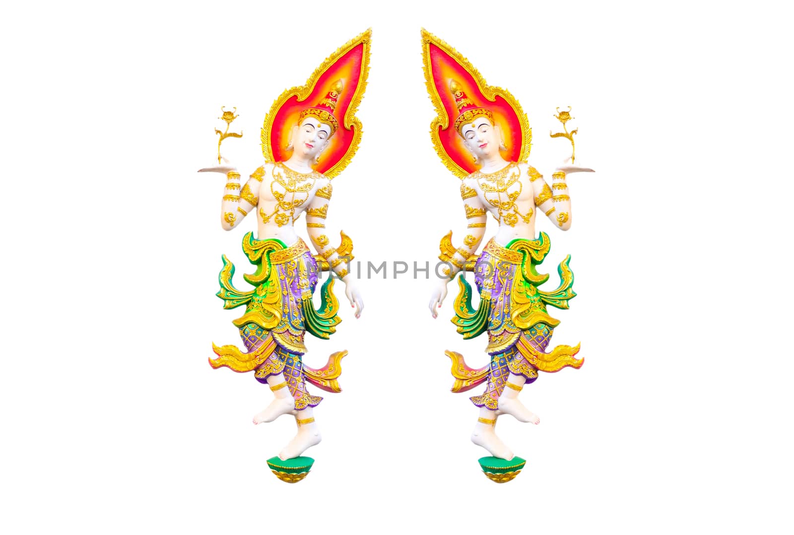 Beautiful painted stucco of an angle, classical Thai style, on white background. Thai temples are often decorated with stucco arts with religious motifs.