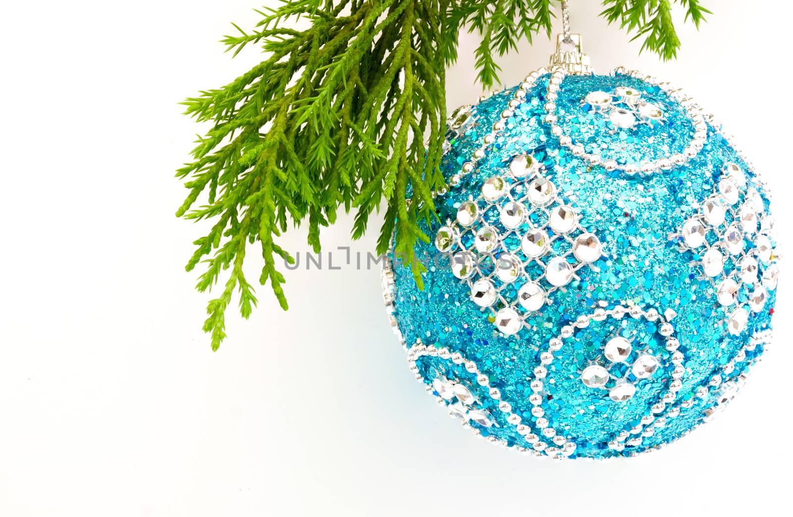 closeup image of a blue Christmas ball on a twig of an evergreen tree, isolated on white background