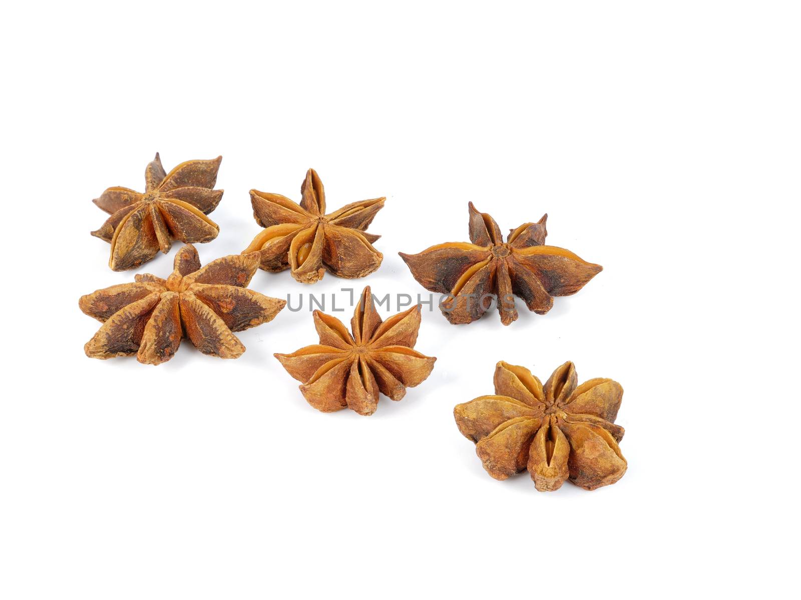 six brown star anises, isolated on white background