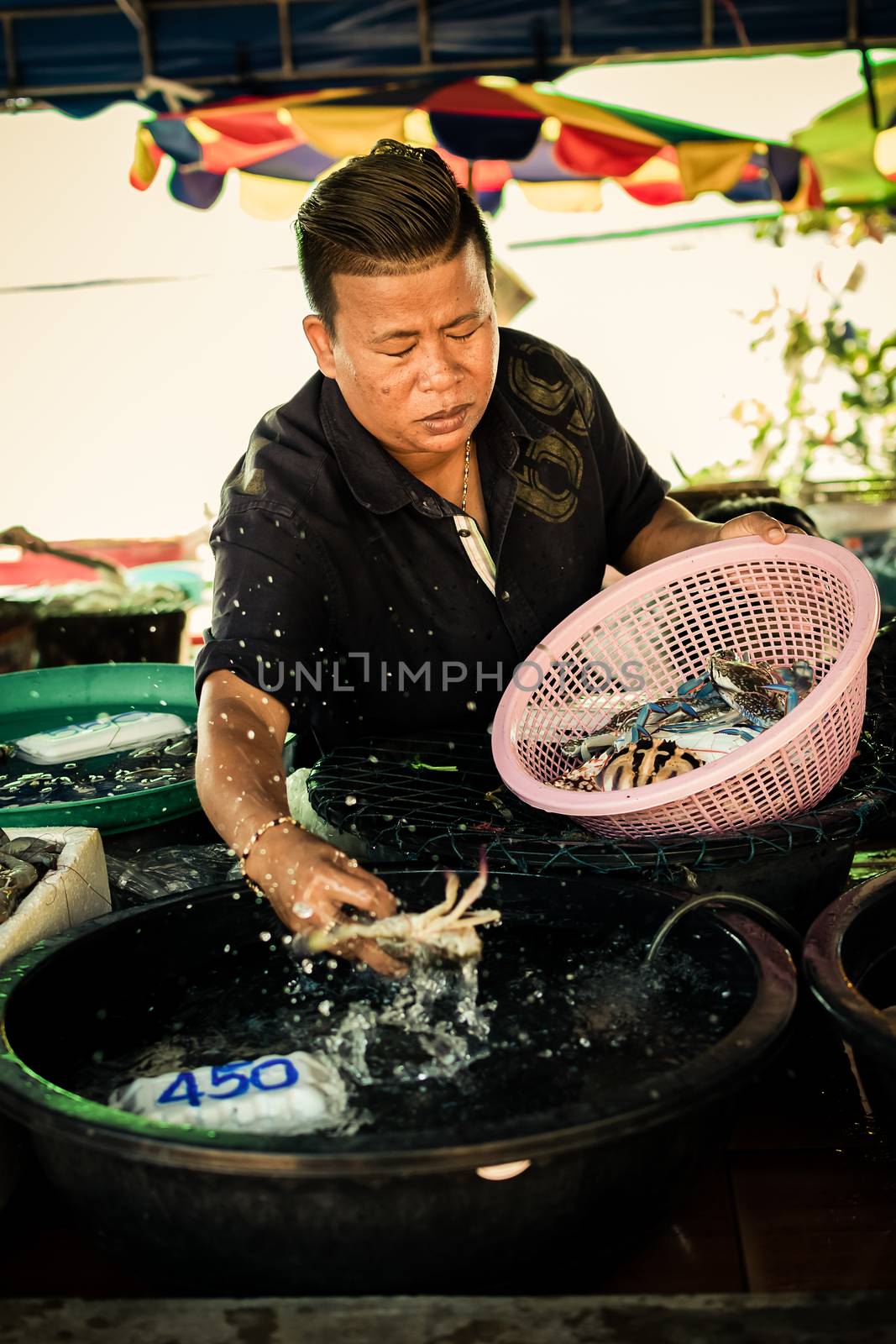 Rayong, Thailand - December 31, 2015 : Thai seafood market at Laem Mae Phim Beach on Kram, Klaeng, Rayong, Thailand.