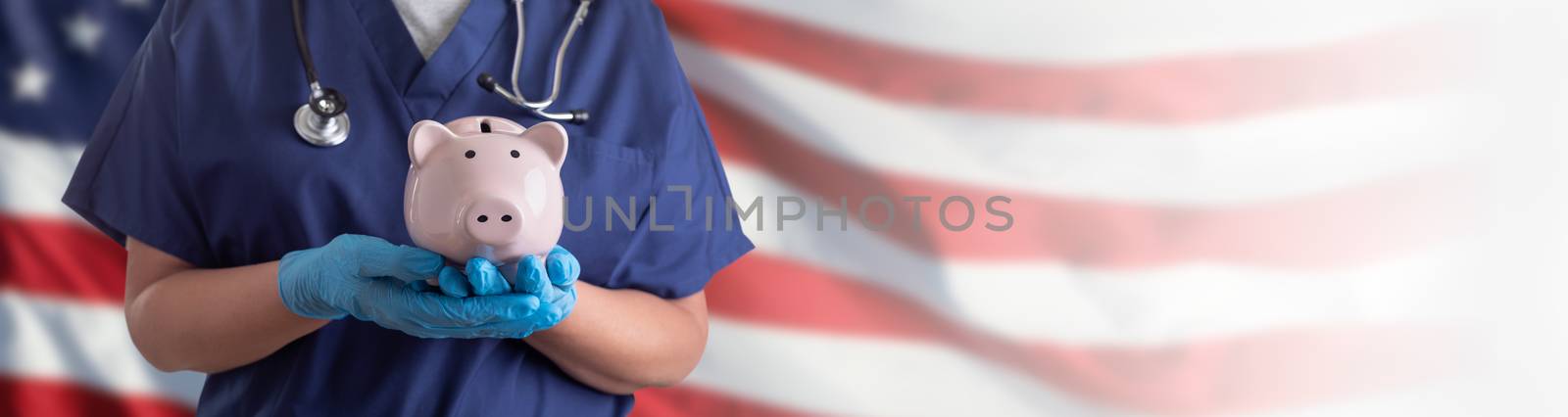 Doctor or Nurse Wearing Surgical Gloves Holding Piggy Bank Over  by Feverpitched