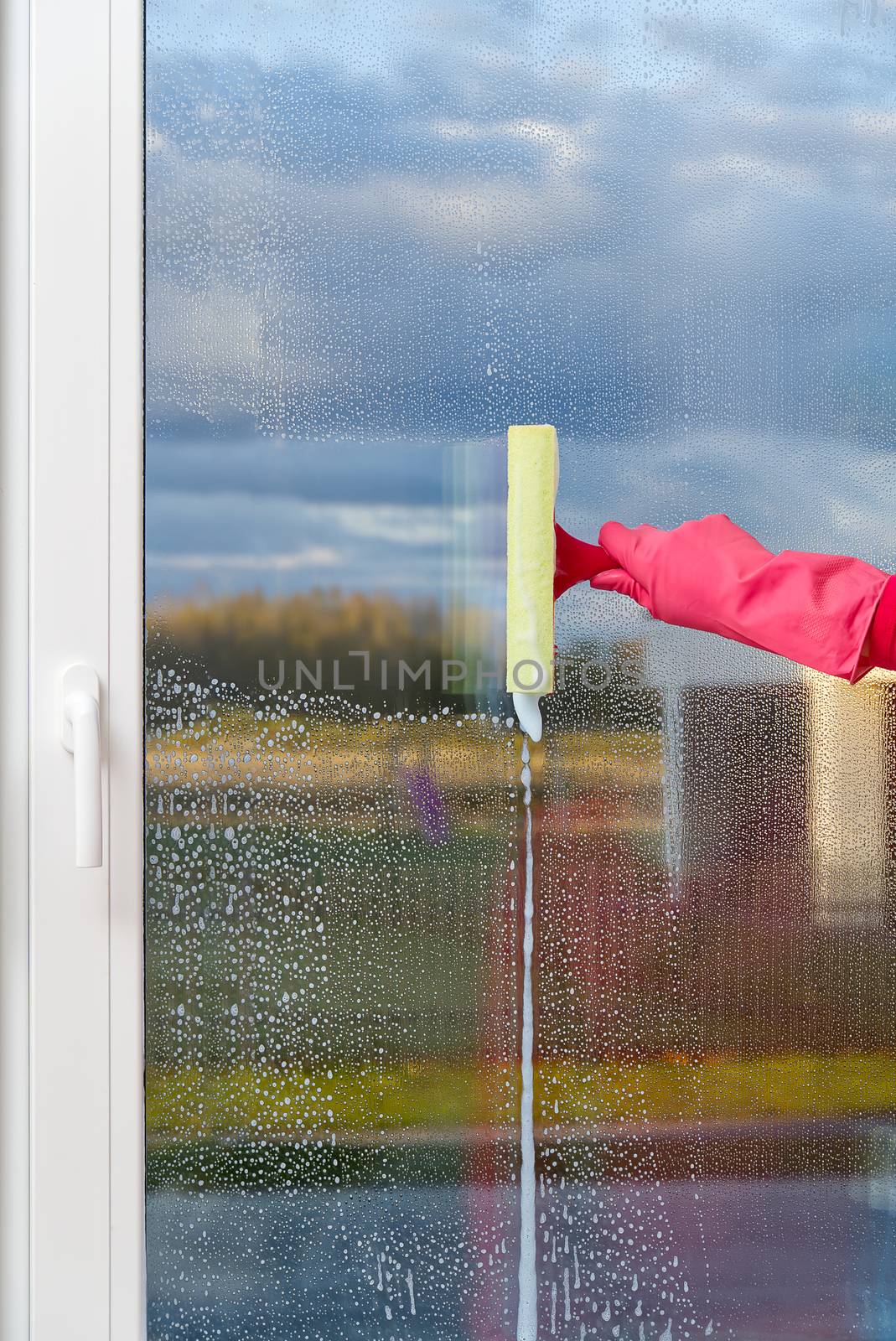 attractive wife washing a window. Gloved hand cleaning window rag and spray. washing windows. cleaning service concept. by PhotoTime