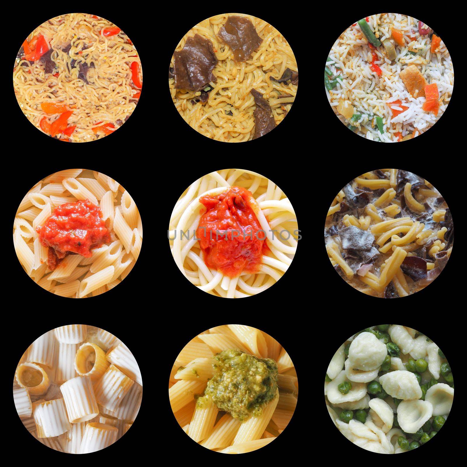 Collage of many different types of pasta including Asian curry noodes, rice salad, Italian penne and spaghetti al pomodoro, rigatoni with cream, penne al pesto and orecchiette with peas