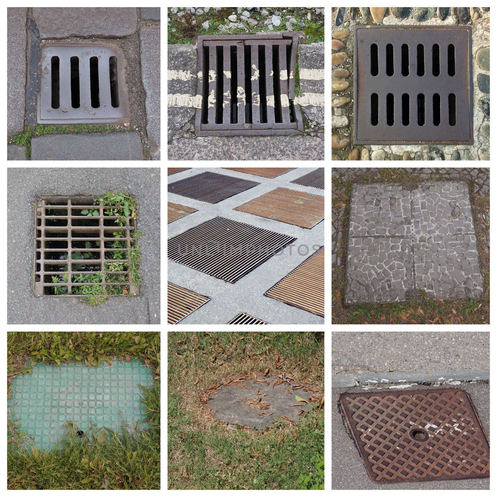 collage of nine steel drains in the street