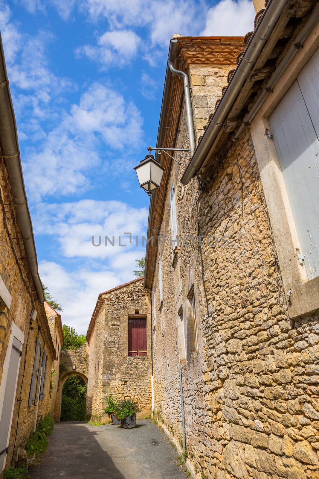 Limeuil, in the Dordogne-Périgord region in Aquitaine, France. Medieval village with typical houses perched on the hill, overlooking the confluence of the Dordogne and Vézère rivers