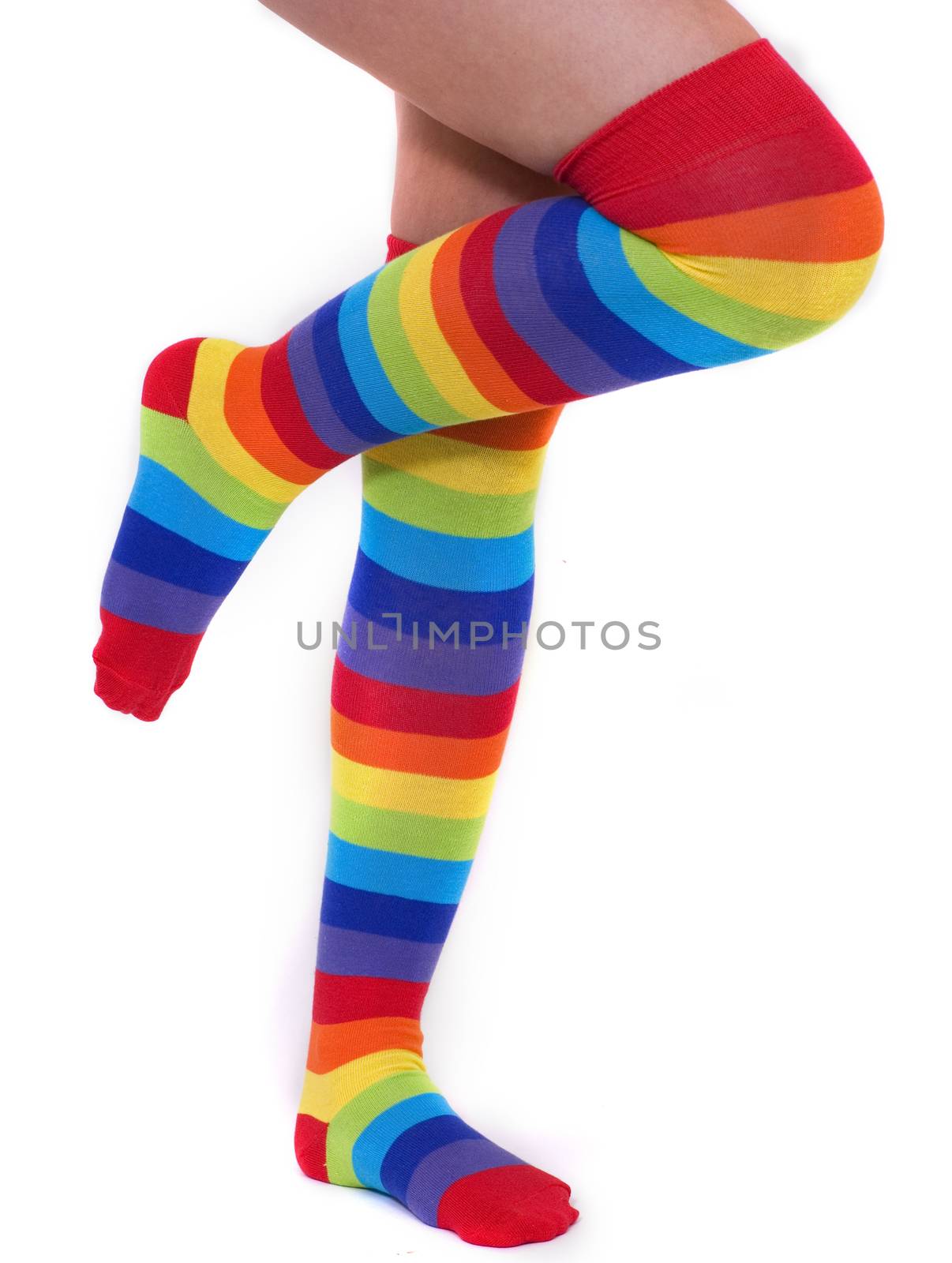 A pair of colourful rainbow over the knee stripy socks