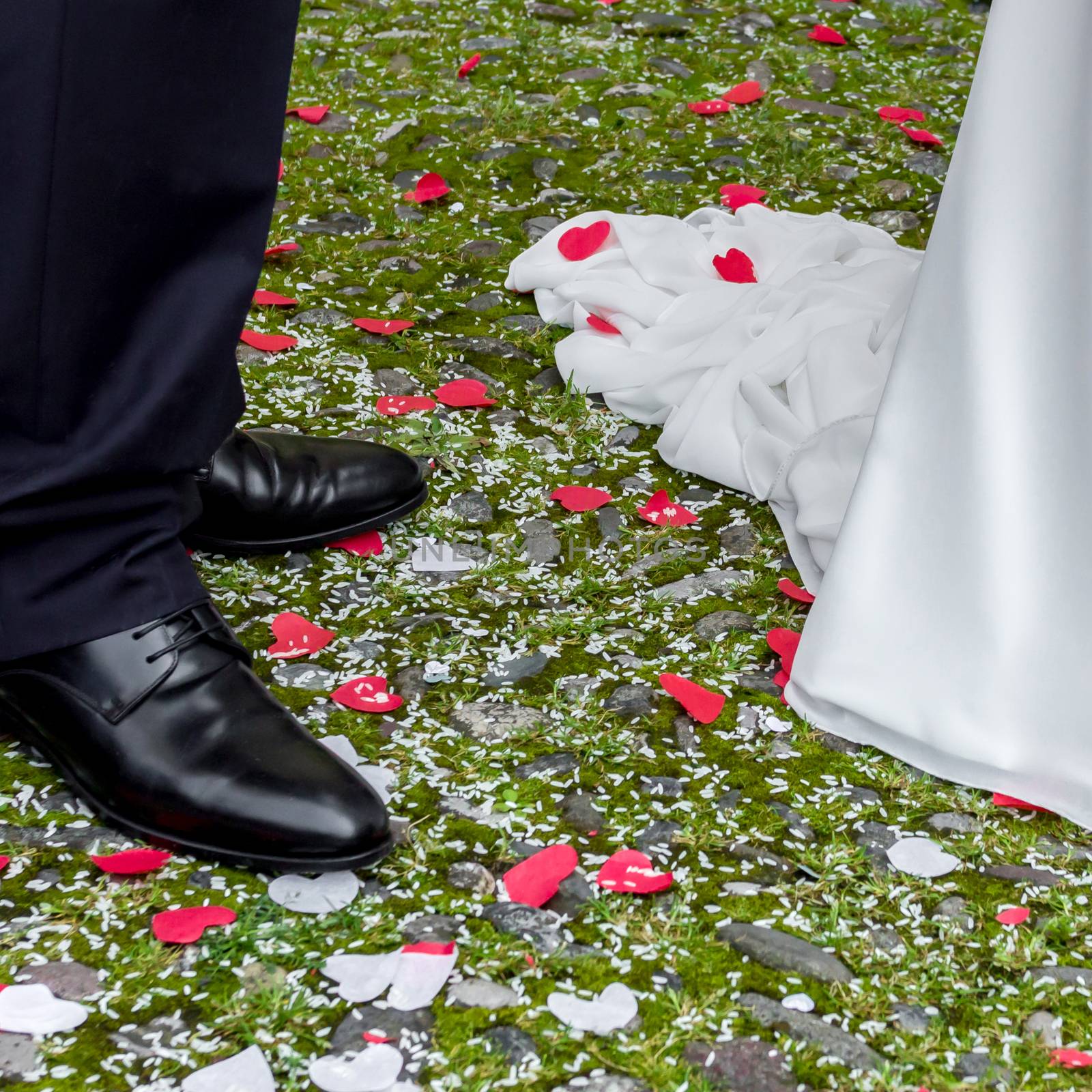 Closeup of bride's and groom's feet and shoes. Love and happiness on wedding day.