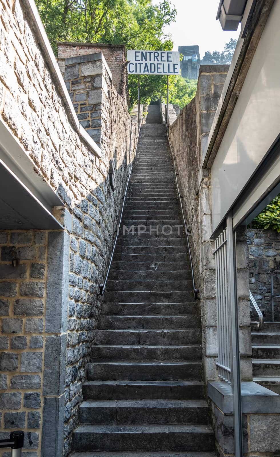 Entrance to the long stairway up to citadel, Dinant, Belgium. by Claudine
