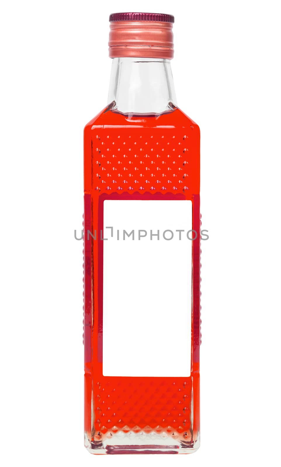 small rectangular glass bottle with vivid red liquid isolated on white background.