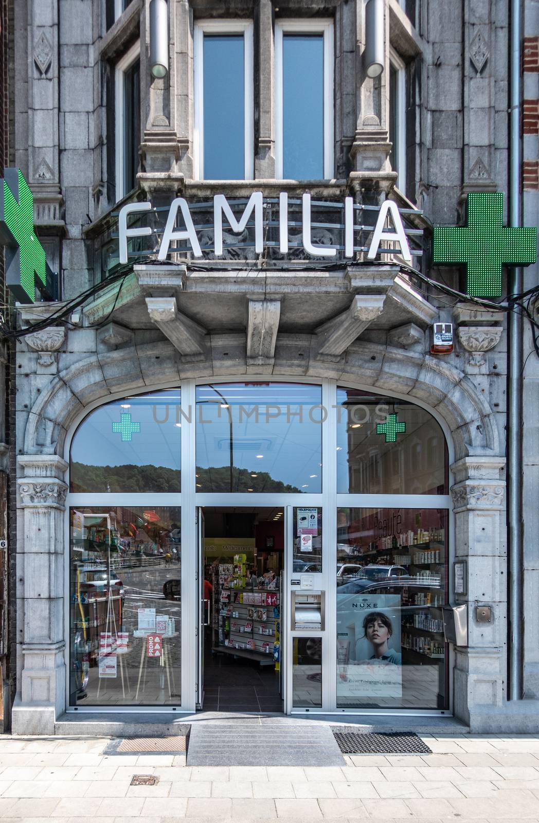 Familia Pharmacy on Place Reine Astrid in Dinant, Belgium. by Claudine