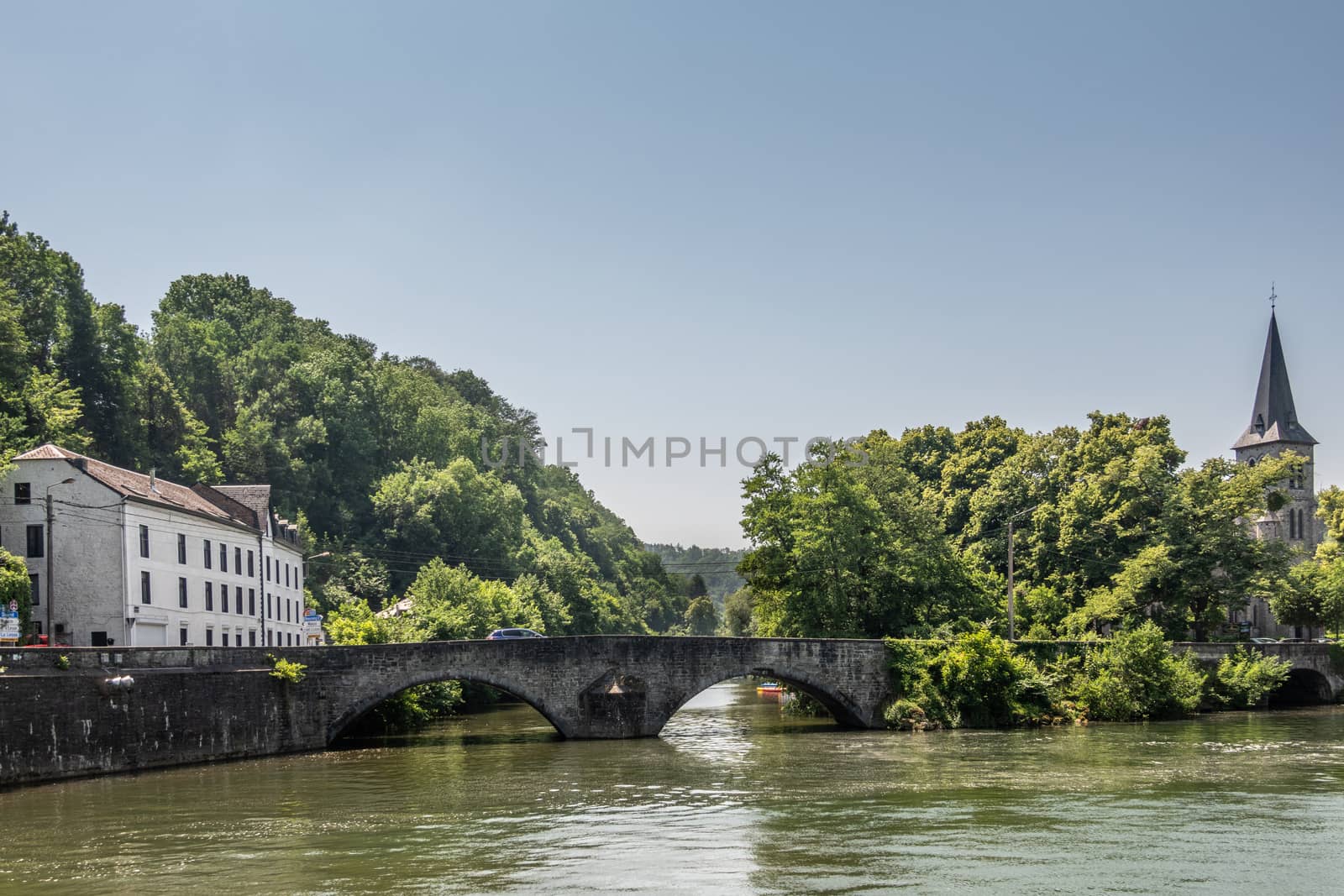 Old Roman Bridge and Saint Anne church, Dinant Belgium. by Claudine