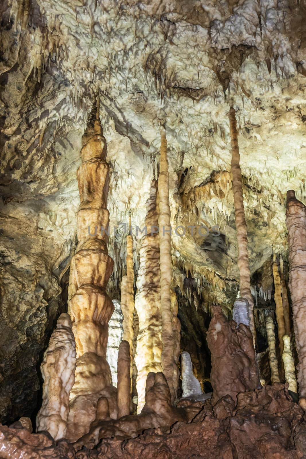 Han-sur-Lesse, Belgium - June 25, 2019: Grottes-de-Han 6 of 36. subterranean pictures of Stalagmites and stalactites in different shapes and colors throughout tunnels, caverns and large halls..