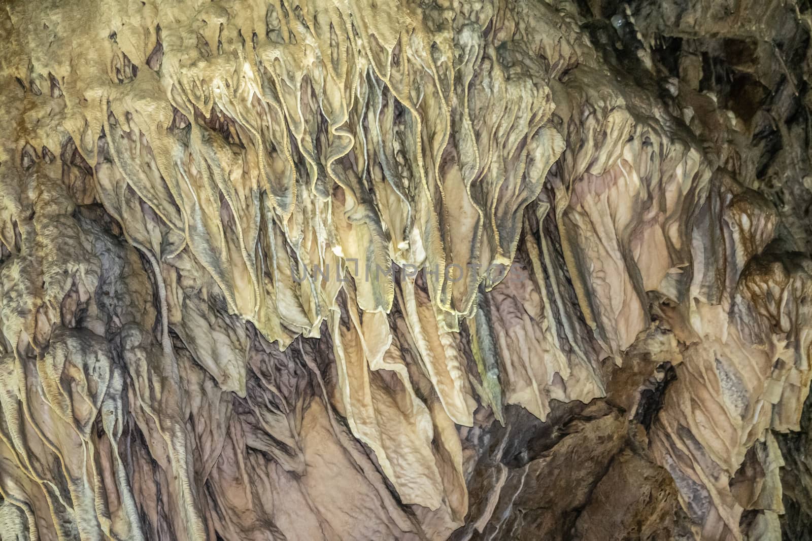 Closeup of stalactites in Grottes-de-Han, Han-sur-lesse, Belgium by Claudine