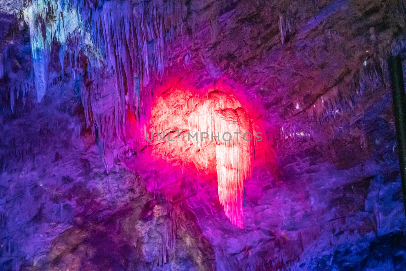 Lightshow on stalactites in Grottes-de-Han, Han-sur-lesse, Belgi by Claudine