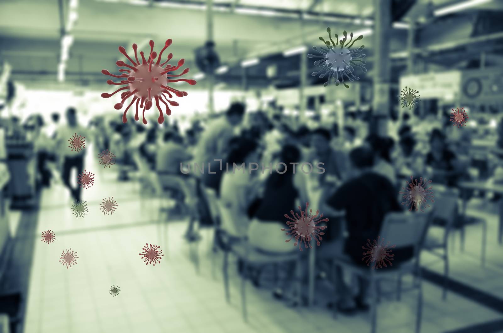 abstract blurred people in mass restaurant covered by Corona virus (COVID-19)