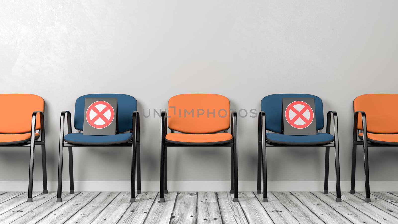 Orange and Blue Alternate Color Chairs in a Row with Prohibition Sign on Wooden Floor Against Grey Wall 3D Illustration