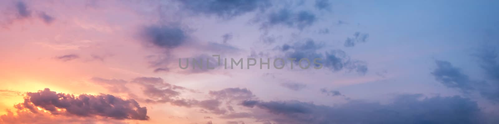 Dramatic panorama sky with cloud on sunrise and sunset time. Panoramic image.