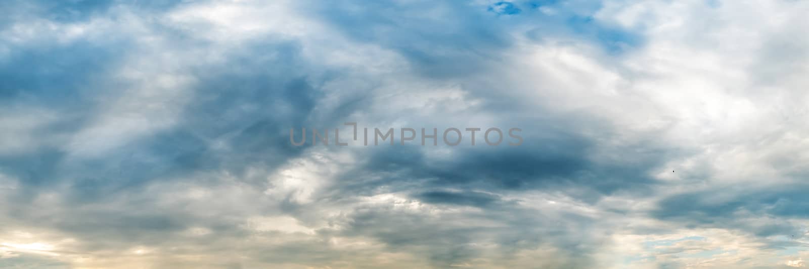 Panorama sky with cloud on a cloudy day. Panoramic image.