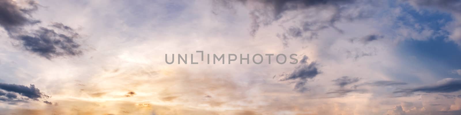 Dramatic panorama sky with cloud on sunrise and sunset time. Panoramic image.