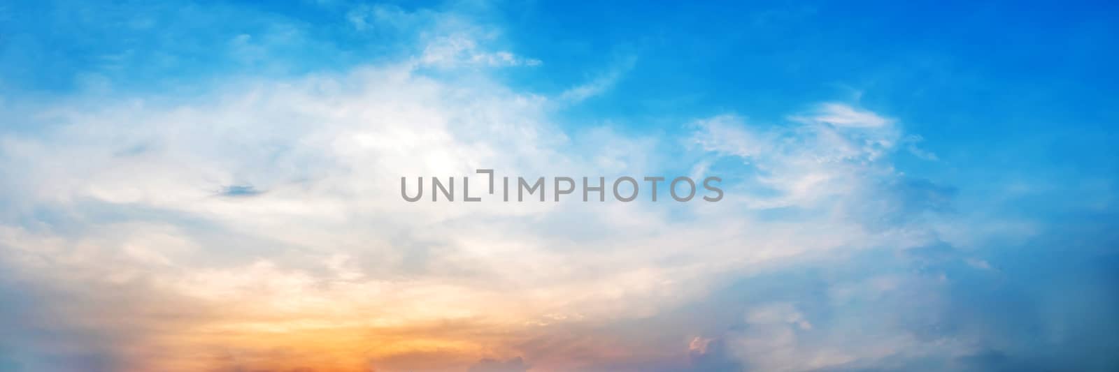 Dramatic panorama sky with cloud on sunrise and sunset time. Panoramic image.