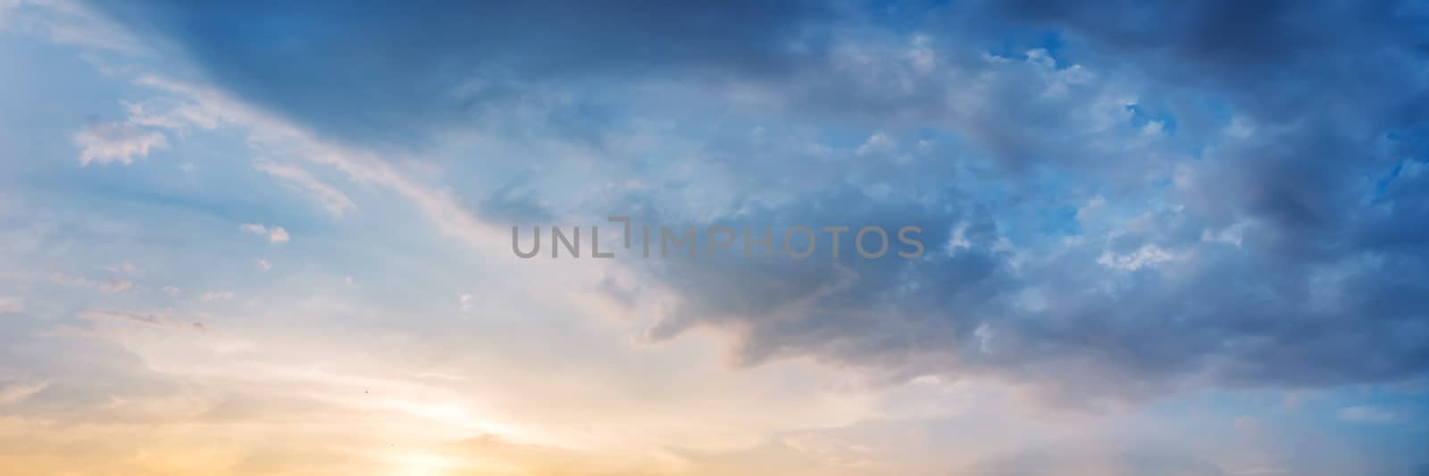 Dramatic panorama sky with cloud on sunrise and sunset time. Panoramic image.