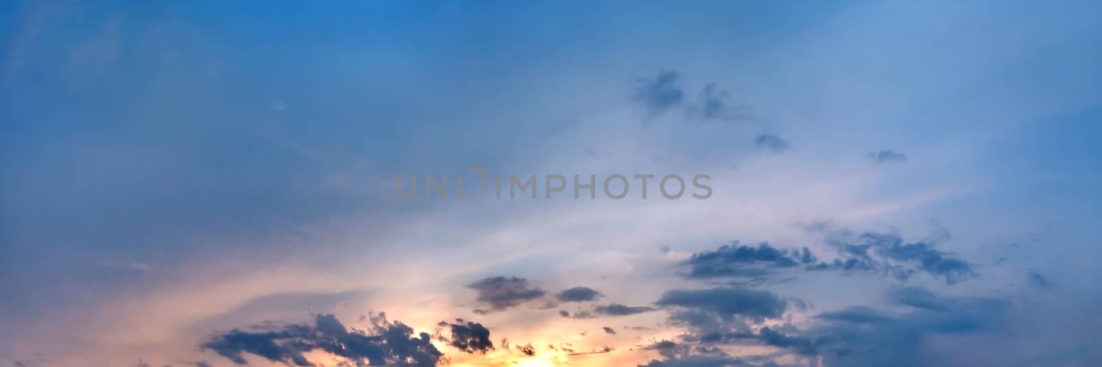 Dramatic panorama sky with cloud on sunrise and sunset time. Panoramic image.