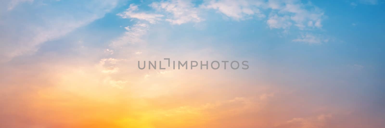 Dramatic panorama sky with cloud on sunrise and sunset time. Panoramic image.